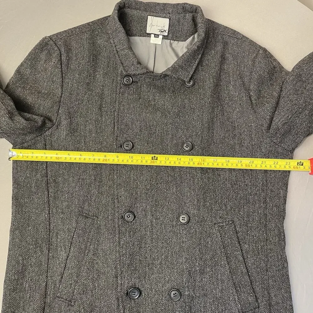 Men's Gray Double Breast Wool Blend Pea Coat Size XL Herringbone Tweed